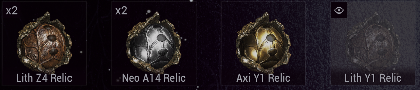 Screenshot of relics page, showing an assortment of relics that can be obtained